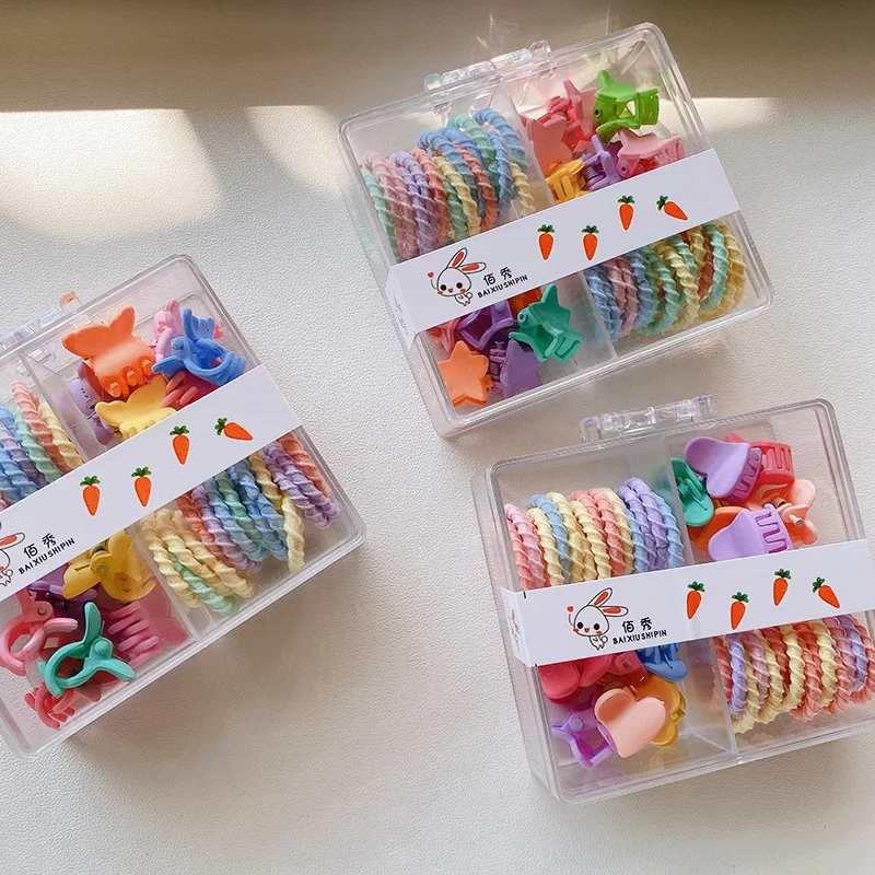 Cute Candy-colored Hair Accessories Set: Square Box with Colorful Hair Ties and Mini Hair Clips, suitable for Girls and Children