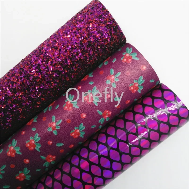 Onefly 21x29cm Purple Glitter Fabric, Iridescent Snake Synthetic Leather Fabric Sheets For Bow DIY  handbags shoes  BQ065