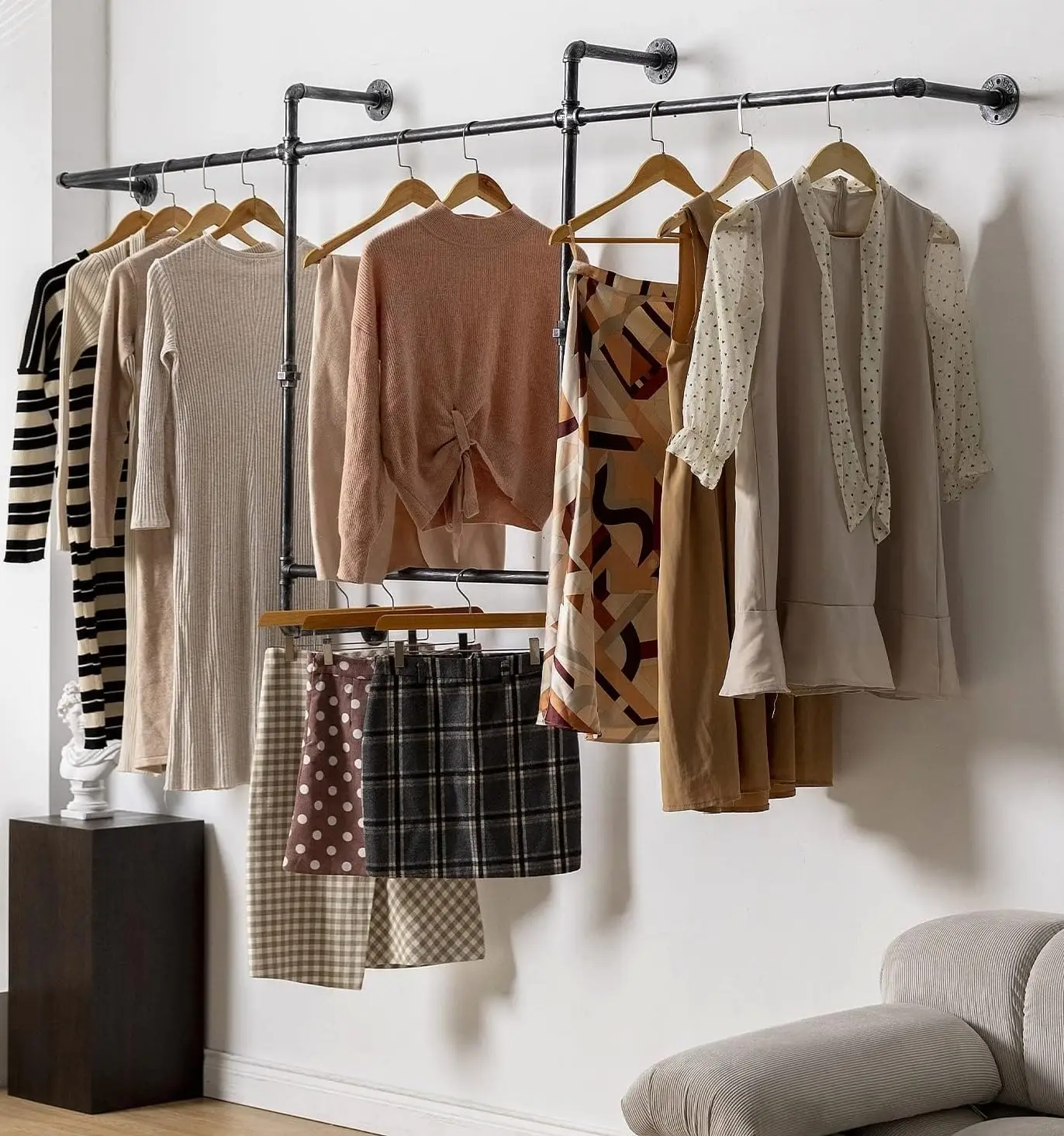 

Wall Mounted Pipe Clothes Rack with Four Hanging Rods Heavy Duty Metal for Bedroom Entryway