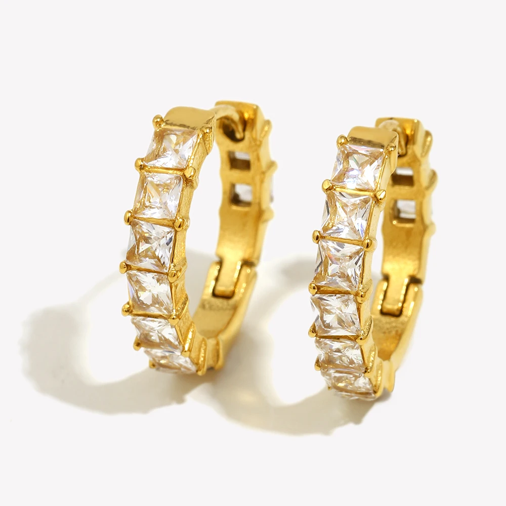 E.B.belle Gold Color Square Shape Rhinestone Round Earring Minimalist Stainless Steel Decoration Jewelry For Women Girls Gifts