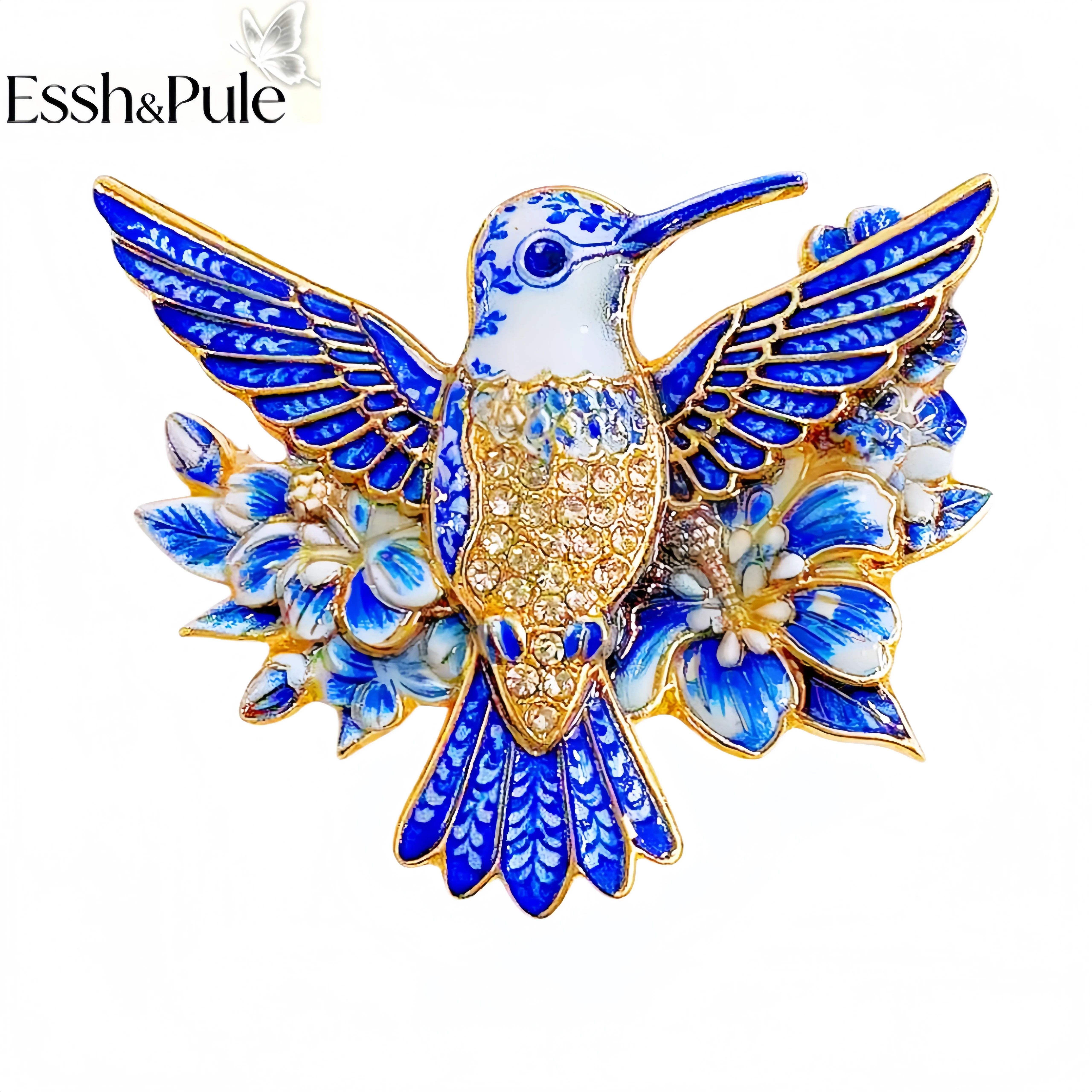 Essh&Pule Blue White Porcelain Chinoiserie Wild Animal Brooch Pin Vintage Enamel Crystal Rhinestone Women Fashion Gift Lapel Pin