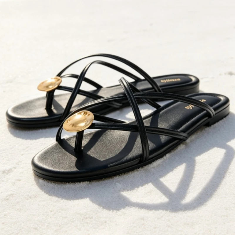 Multi-straps Flat Sandals Women Metal Appliqu Detail Round Toe Womens Slippers Summer Comfortable Beach Sandals for Ladies