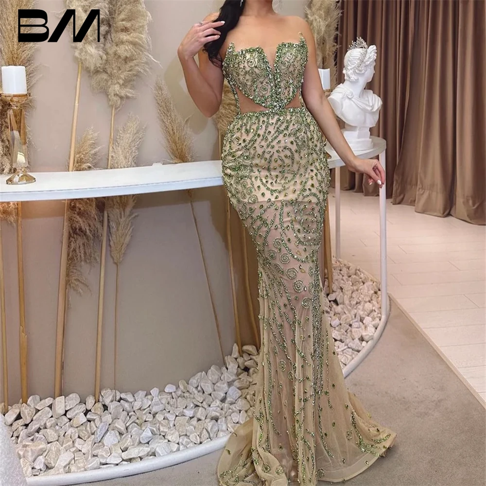 

Strapless Beadings Prom Dress for Women, Cut-Out Illusion Customized Long Evening Dresses Sleeveless Women's Formal Gown