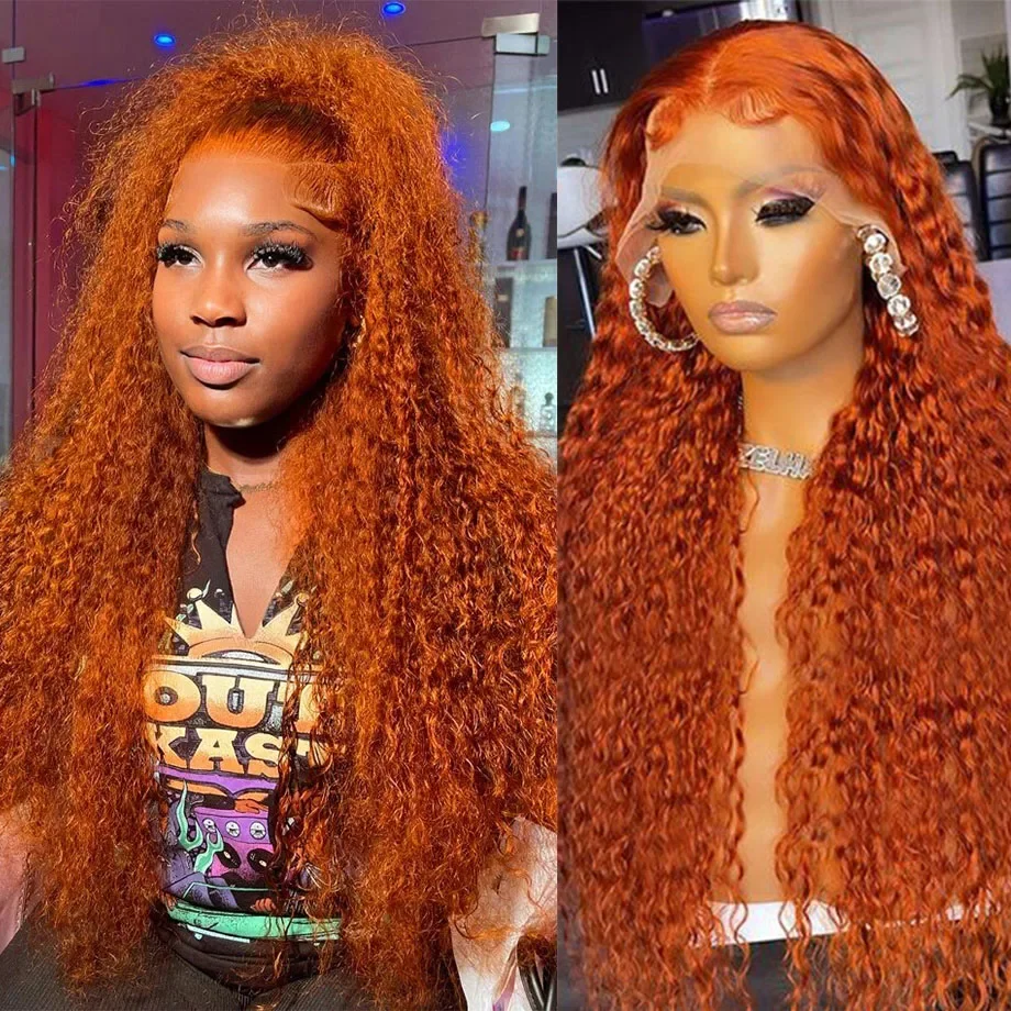 Perruque Lace Front Wig Naturelle Bouclée Orange, Cheveux Humains, Deep Wave, HD, 13x6, 30 Pouces, pour Femme