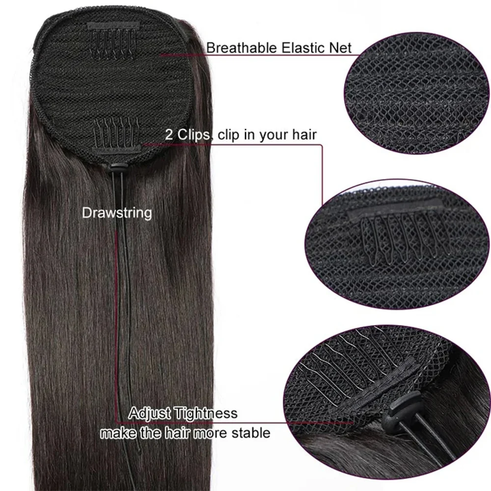 Straight Ponytail Human Hair Extension 100% Real Human Hair Wrap Around Drawstring In Ponytail Natural Black #1B For Women