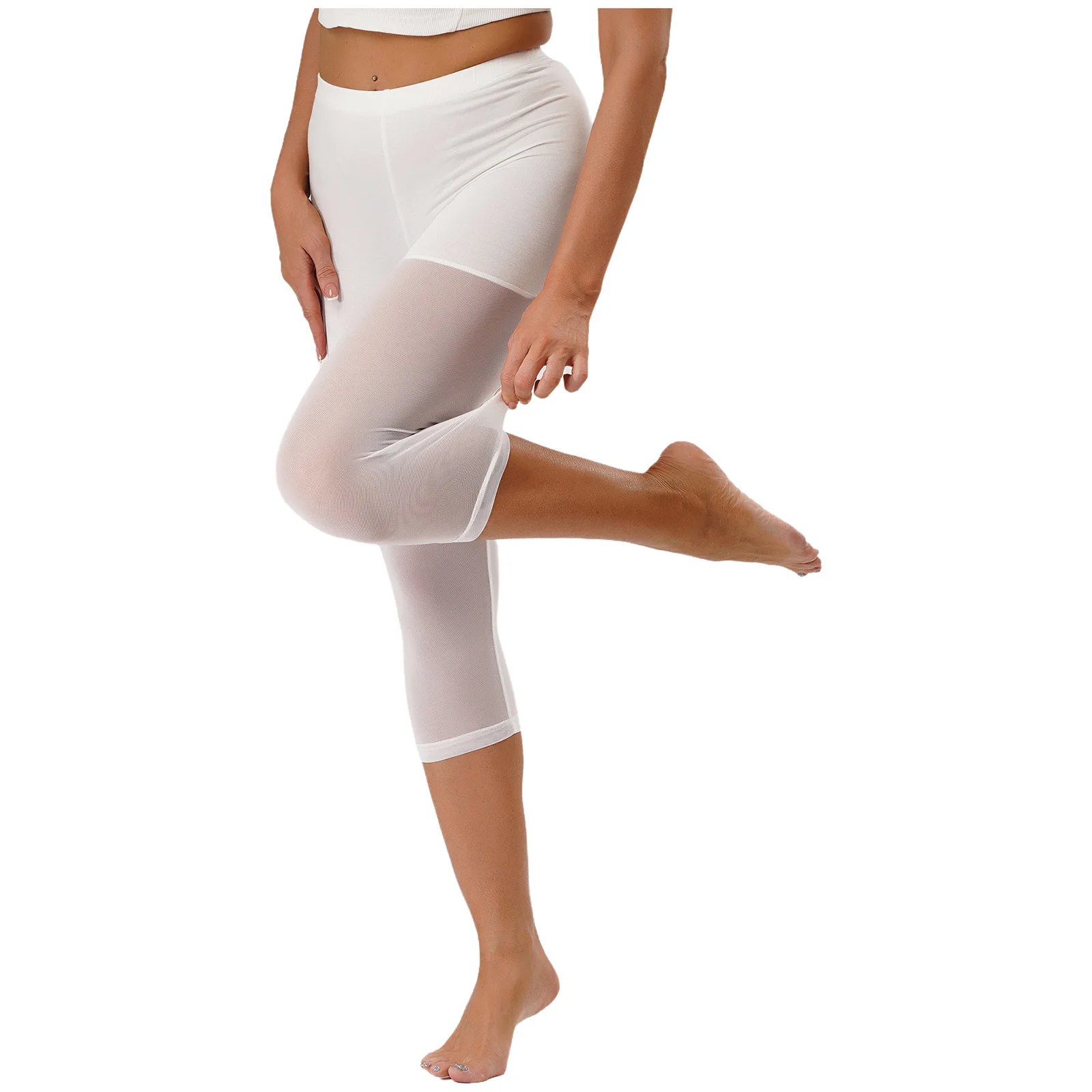 กางเกงเลกกิ้งผู้หญิงเอวยางยืดยาวระดับเข่า สีพื้น แต่งผ้าตาข่ายซีทรู ป้องกันการโป๊ะ สำหรับออกกำลังกาย โยคะ และเล่นกีฬา