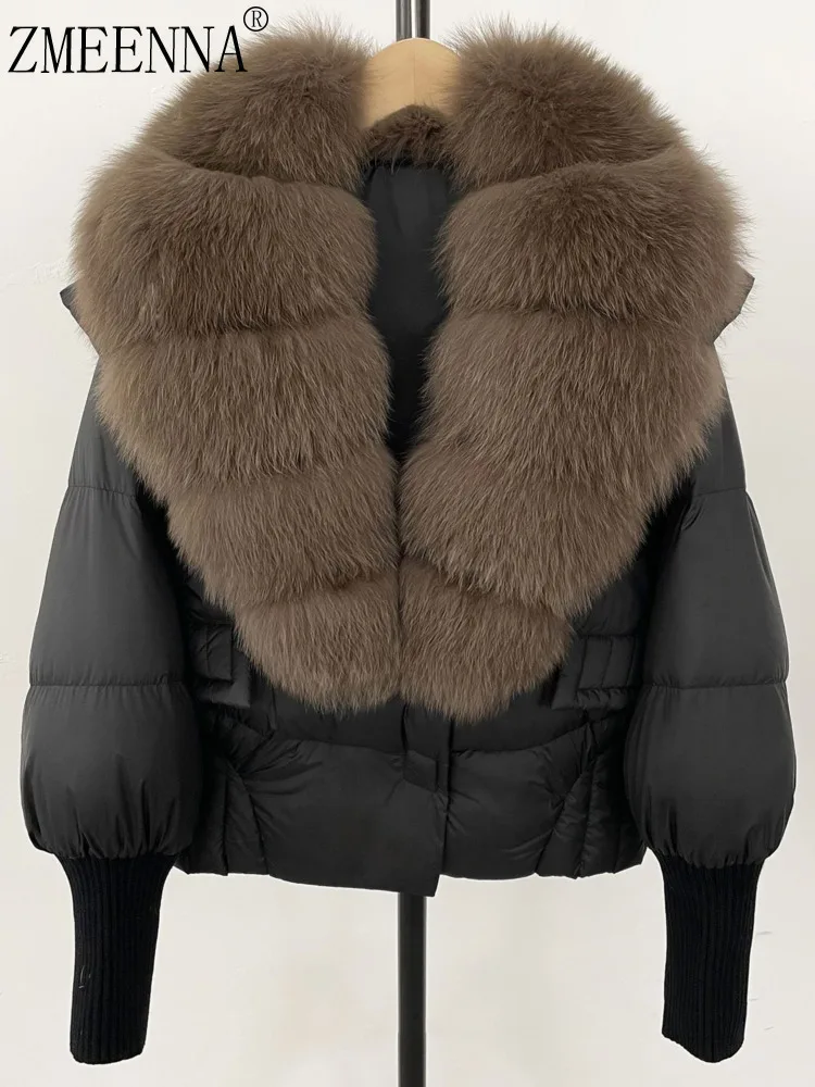 

ZMEENNA Women's Black Puffer Down Jacket With Large Real Fur Collar Short Warm Winter Coat Knit Cuffs Elegant Outerwear ZM3377