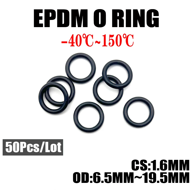 

50Pcs EPDM o Rings CS 1.6mm OD 6.5 ~ 19.5mm Acid and Alkali Resistance Water Resistance Friction Resistance o-ring Black