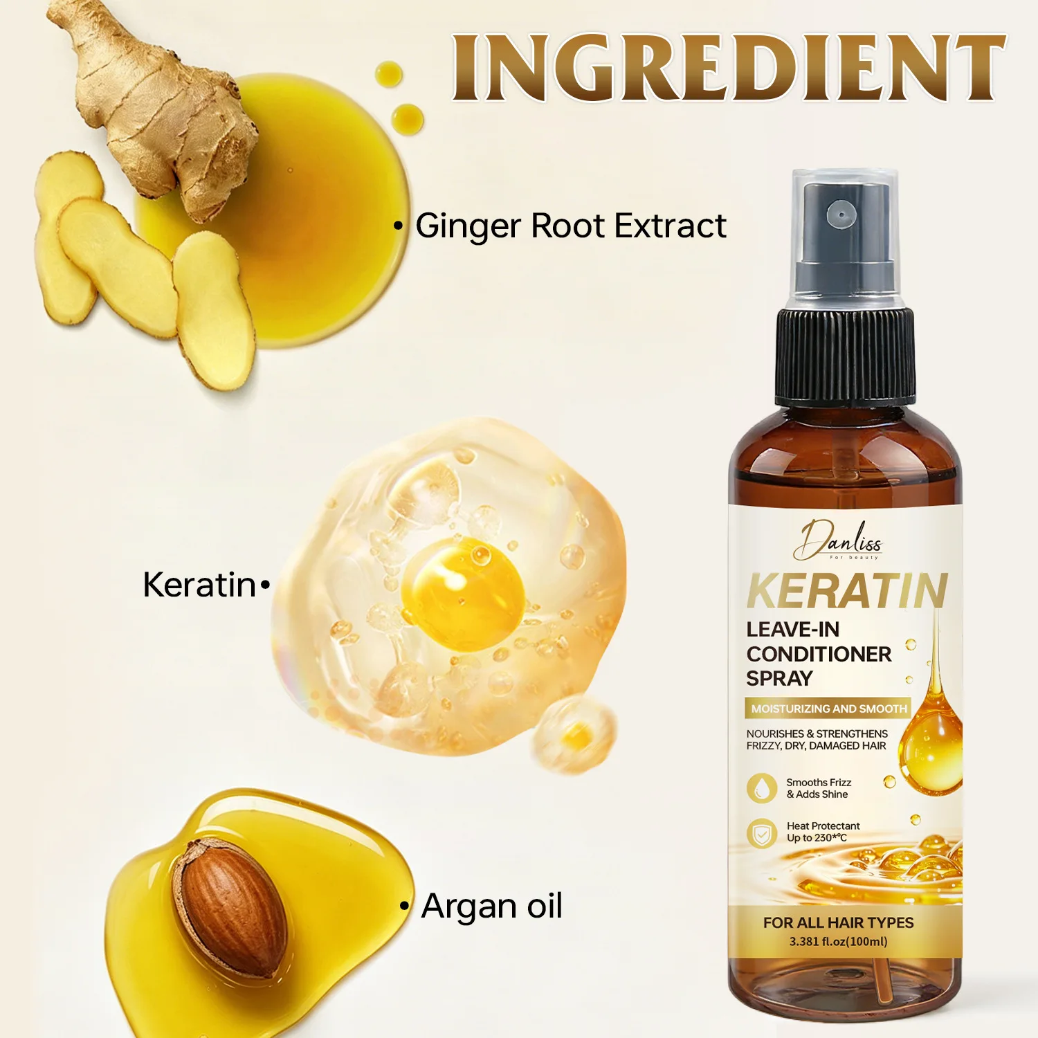 Keratin Leave-In Conditioner Spray - Nourishes & Smooths Frizz - With Heat Protection up to 230°C - For Dry & Damaged Hair
