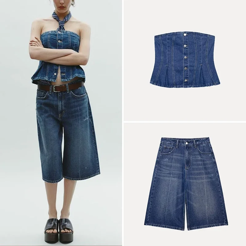 

Spring 2025 Women's Denim oulder Bared Top And orts Set Z Brand Polyester Fiber Faionable Ensemble for Ladies