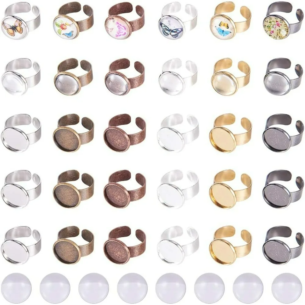 30Pcs 6 Color Finger Ring Blank 14mm Adjustable Ring Base Blank with 30Pcs Half Round Flat Base Cabochon Base Bezel Tray Setting