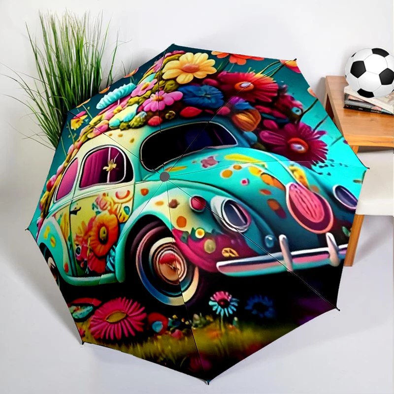 Hippie Vintage Bus Umbrella Automatic Open/close, Sturdy Iron Frame & 8-Rib Struct, Umbrella for Women & Men, Christmas Gifts