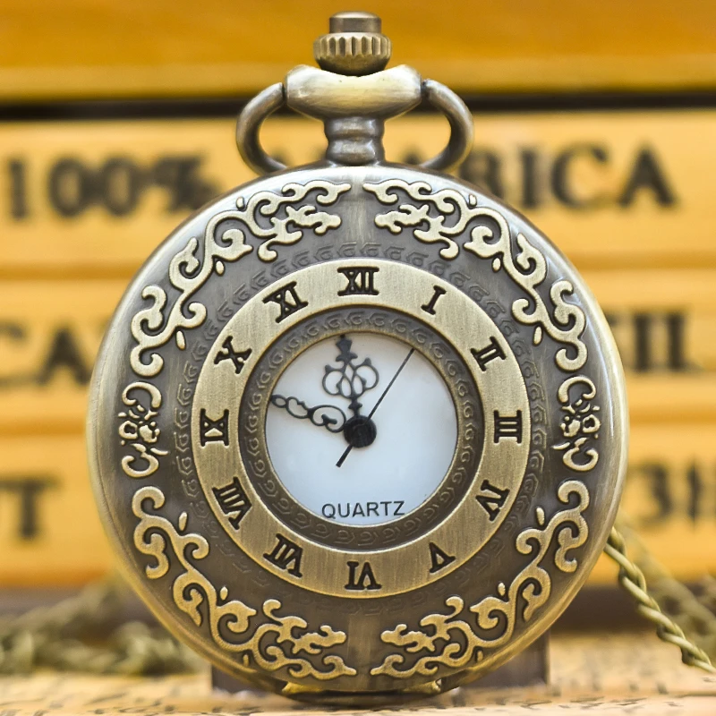 Vintage Glamour Bronze Unisex Fashion Roman Numerals Carved Quartz Steampunk Pocket Watch Women Men Necklace Pendant Chain Gift