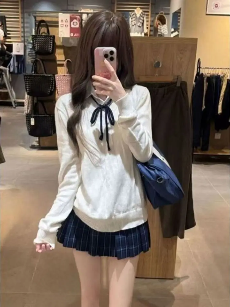 

Однотонное вязаное длинное пальто све, женское модное нижнее белье для колледжа, комплект футболок, осенний сезон