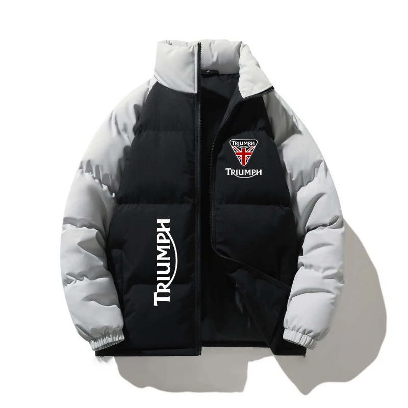 Men Motorcycle Puffer Jacket Black White Color Block Stand Collar Cotton Coat Jack Warm Zipper Outerwear Biker Riding Casual Win