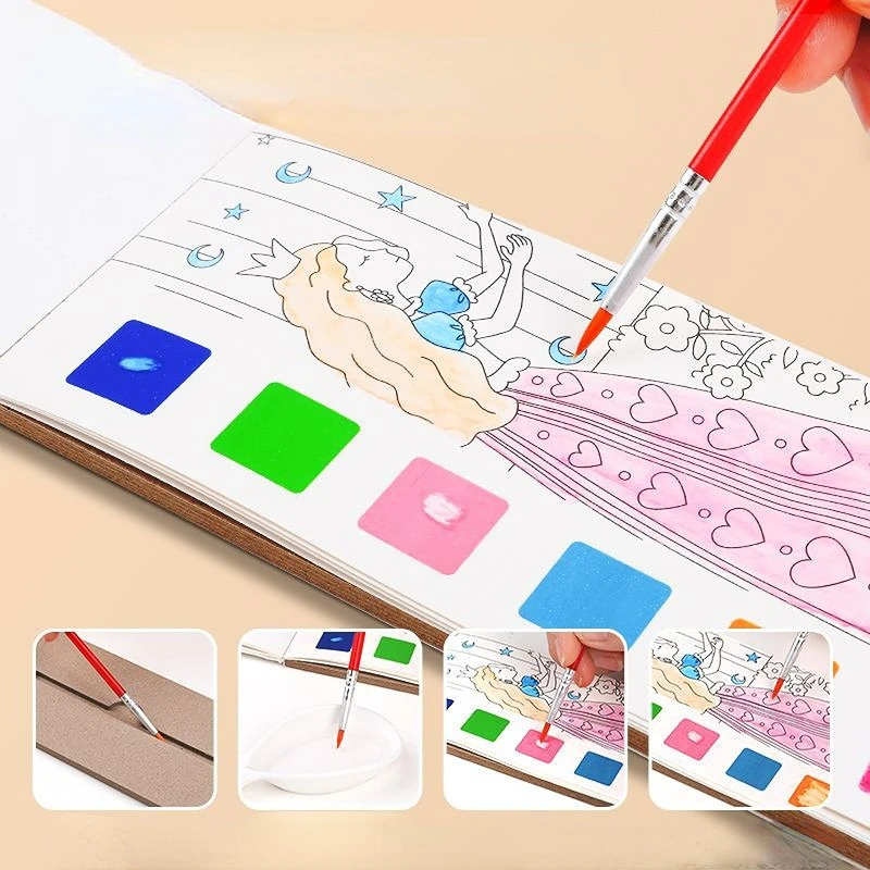 Painting Water Children Coloring Book Watercolor Book DIY Handmade Portable Note Book Watercolor Paintbrush Learning Kids Toys