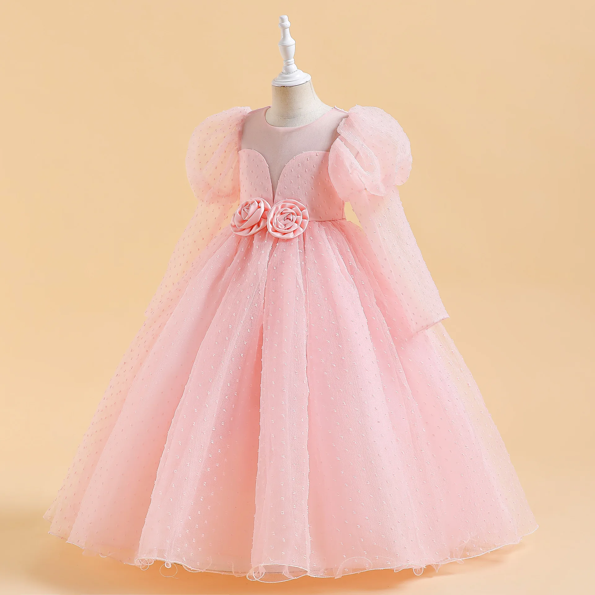 2023 Summer Long Sleeve Kids Party Dress For Girls Children Costume Lace Princess Dresses Girl Party Yellow Dress Birthday Gown