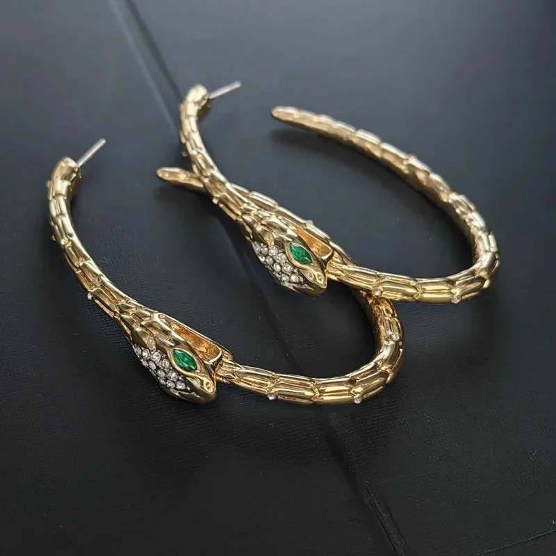 Chic Italy Designer 14K Gold Filled Emerald Snake Chain Necklace Serpent Ear Hoop Boa Huge Stud Earrings Exaggerated Jewelry Set