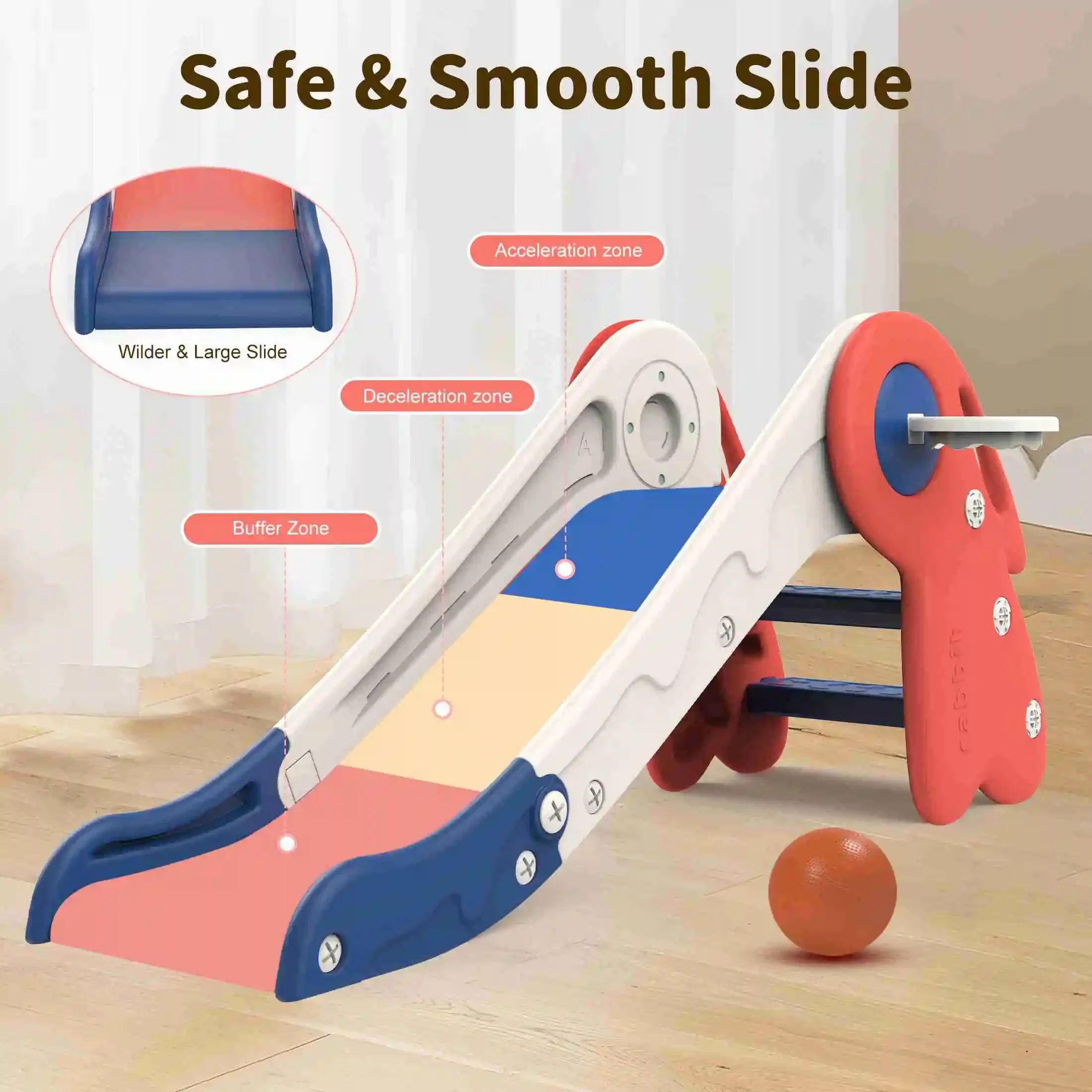 

Toddler Slide Foldable Long Slipping Slope 3 in 1 Kids Slide Climber with Basketball Hoop and Ball for Indoor Outdoor Red