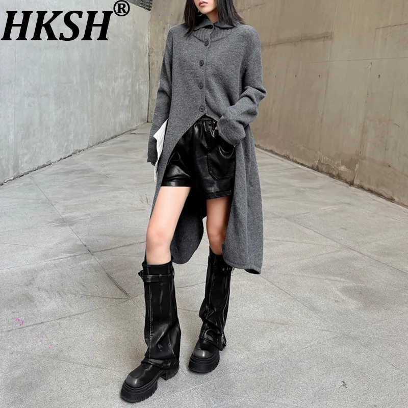 

HKSH Autumn Winter New Women Long Sweater Turtleneck Single Breasted Split Solid Color Elegant Korean Casual Knitted Top HK16489