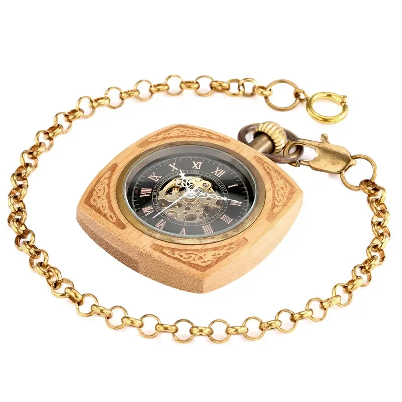 Antique Wooden Pocket Watch Square Case Men Women Automatic Mechanical Watches Roman Number Dial Pendant Chain Timepiece