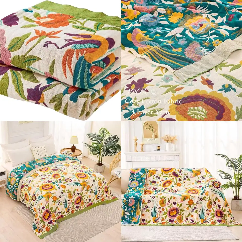 

Cotton Boho Quilt, Floral Print, 90x98, Reversible, All-Season Bed Blanket