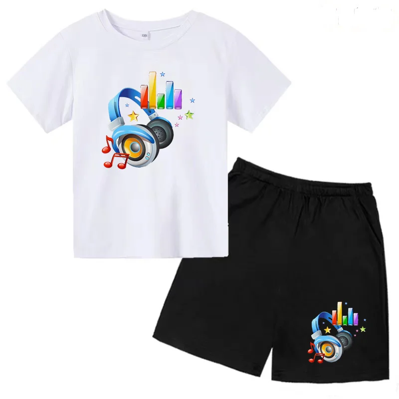 

T-shirt Boys Girls Toddler 3-12 Yrs Gift Music Earphones Graffiti Print Charming Top+Shorts Pretty Girls Clothes Athleisure Suit