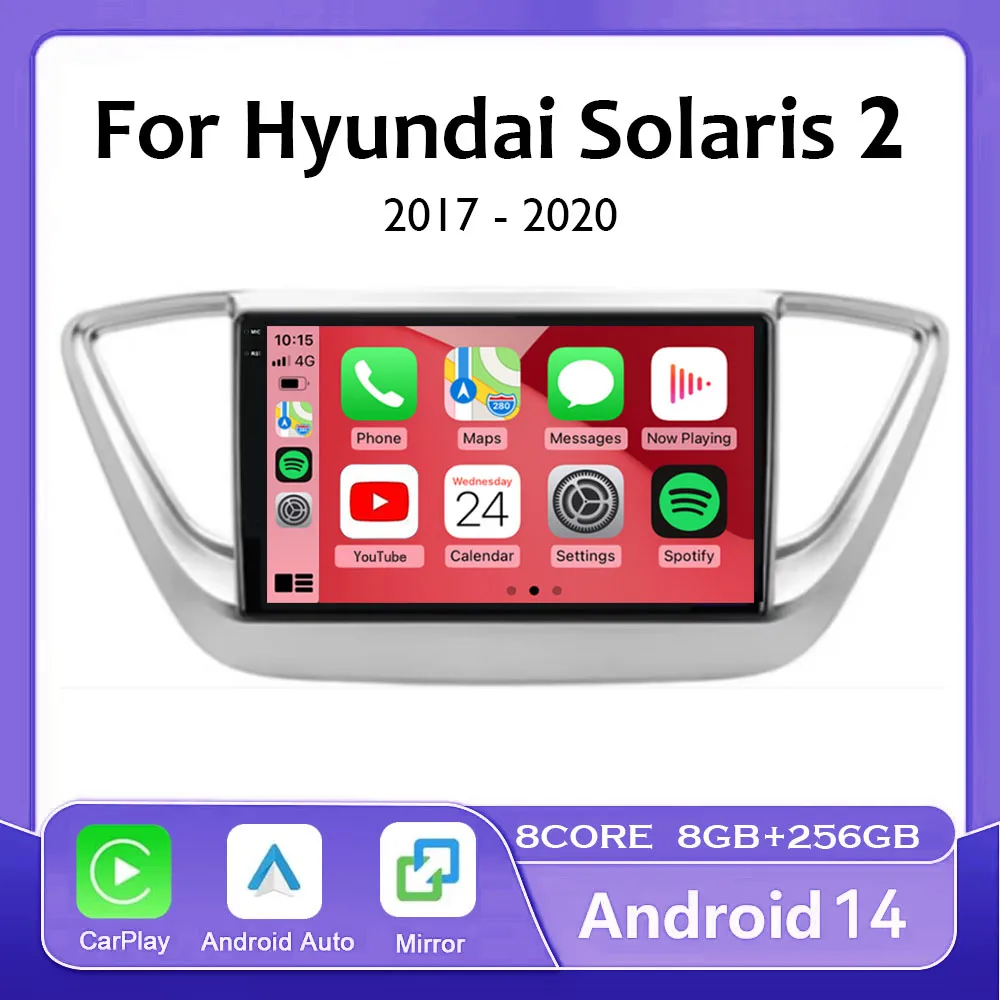 

Автомагнитола на Android 14 для Hyundai Solaris 2 Verna Accent 2017 2018 2019 2020, мультимедийный стерео проигрыватель, навигация GPS, головное устройство BT