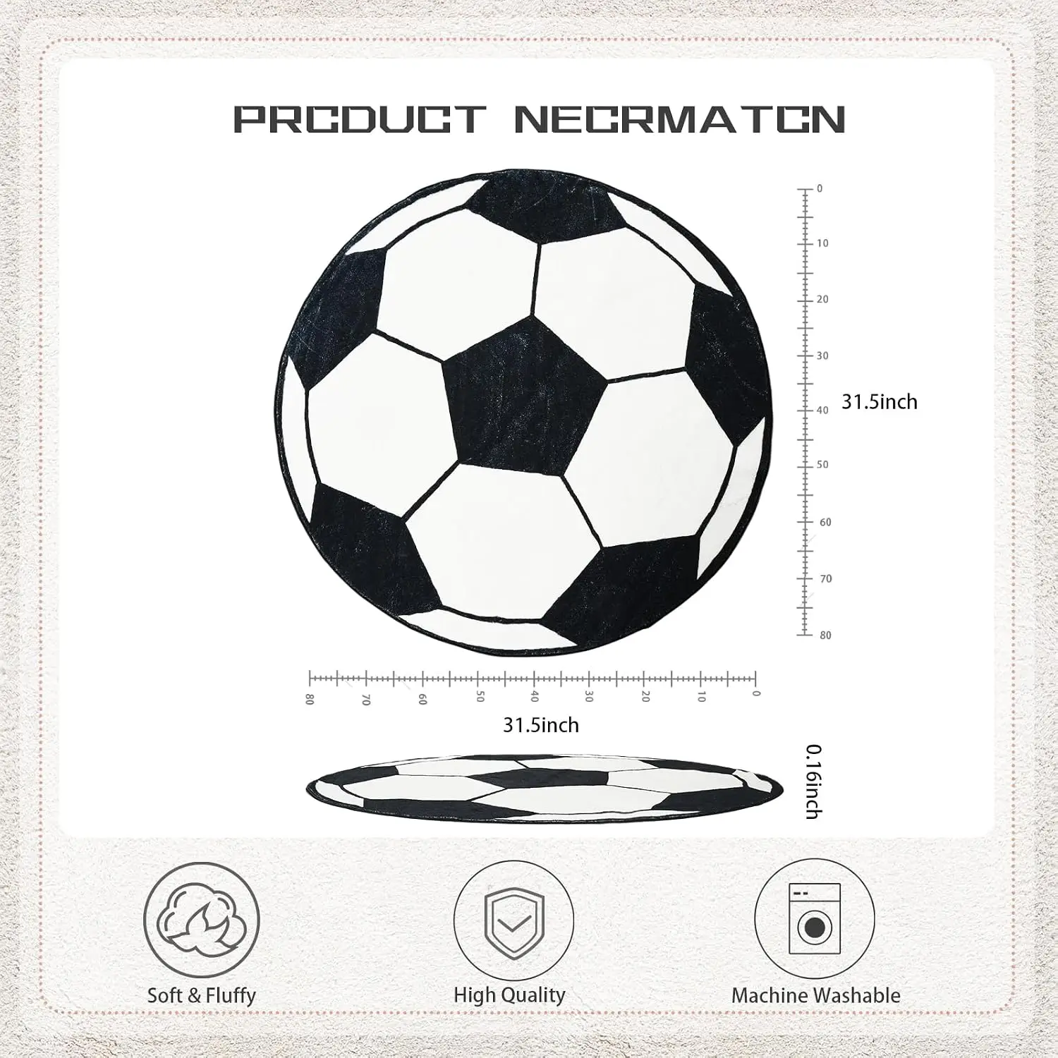 Plush Round Soccer Ball Design Area Rug Black and White Football Pattern Mat for Kids Playroom Decor Soft Polyester Gym Carpet F
