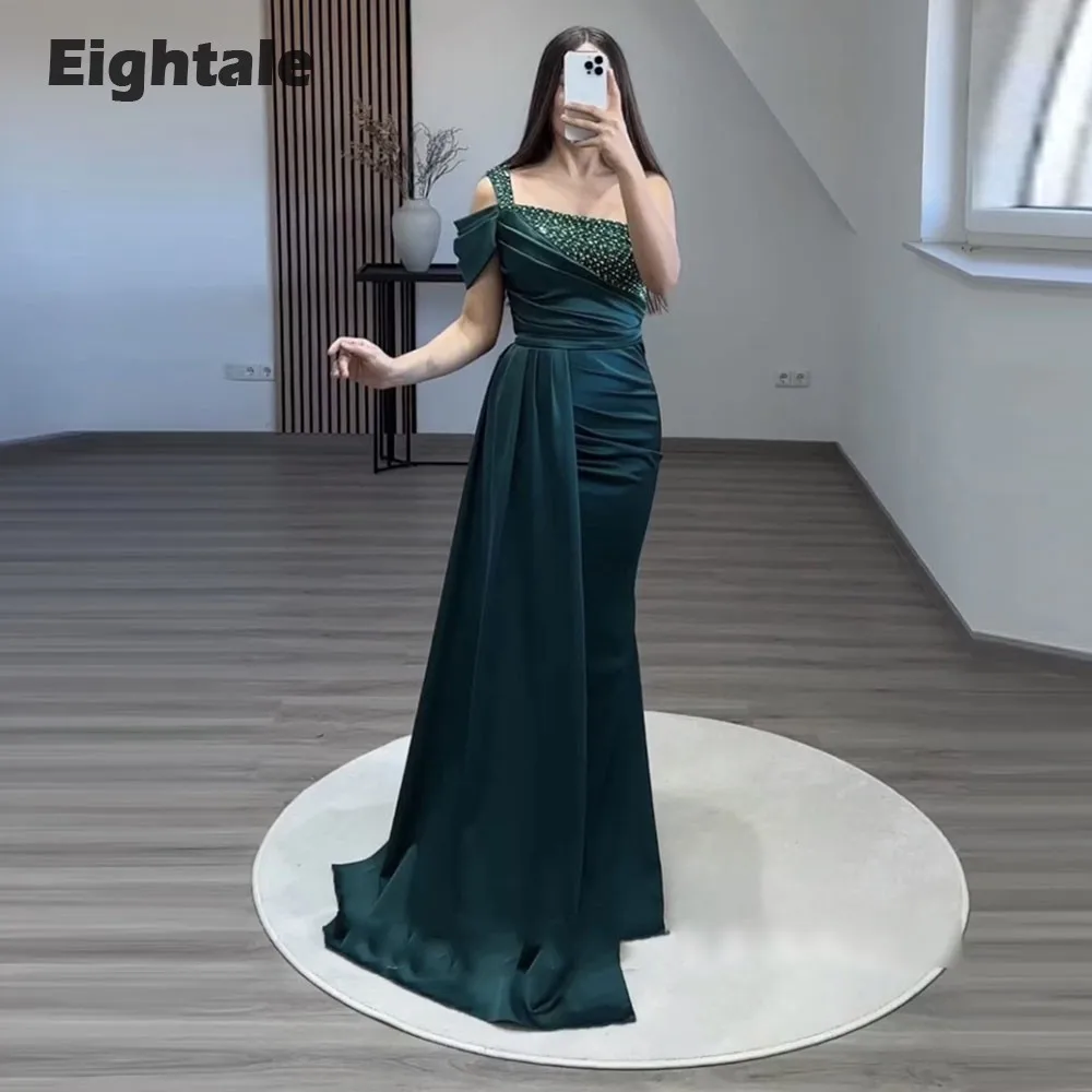 Eightale Dark Green Formal Occasion Evening Dresses Beaded Mermaid Satin Long Customized Wedding Party Prom Gown robes de soirée