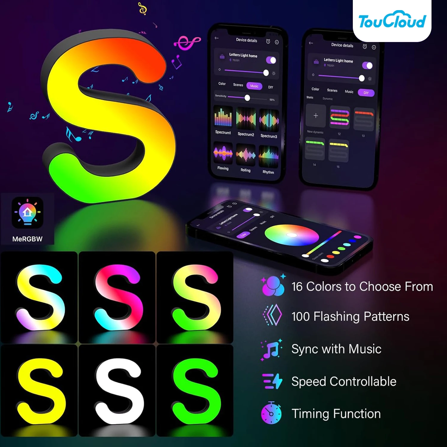 MeRGBW App Splicing Luz LED Colorido, Luminária de Parede, Quarto Night Light, Apliques Corredor, Presente, Letra S