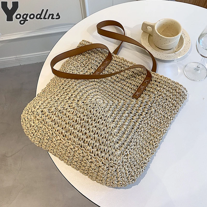 Square Straw Beach Bag Handmade Woven Shoulder Bag Women Raffia Shopper Travel Bag Bohemian Summer Vacation Casual Handbag Totes