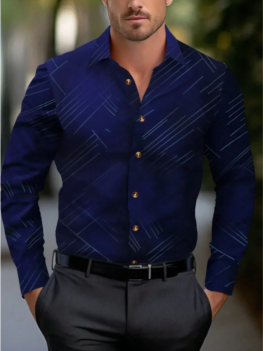 Camisa hawaiana de manga larga con botones y solapa para hombre, ropa de calle informal con estampado a rayas, 2024