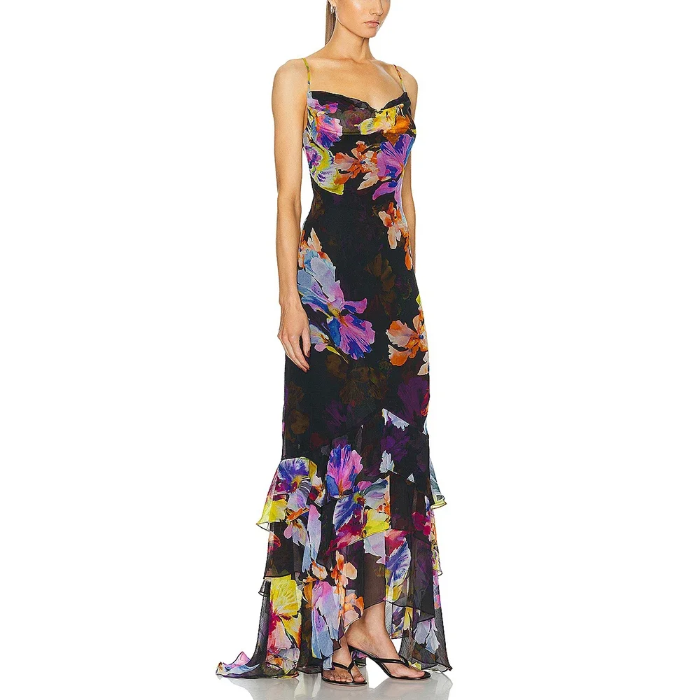 

Women's Floral Printed Long Halter Dress Layered Ruffle Travel Vacation Temperament Commuter Summer New Y2K 2024 Trendy