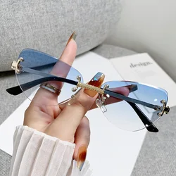 Punk Vintage Cat Eye Rimless Sunglasses Women For Men Luxury Brand Designer Sun Glasses Popular Metal Rivet Hip Hop Shades UV400