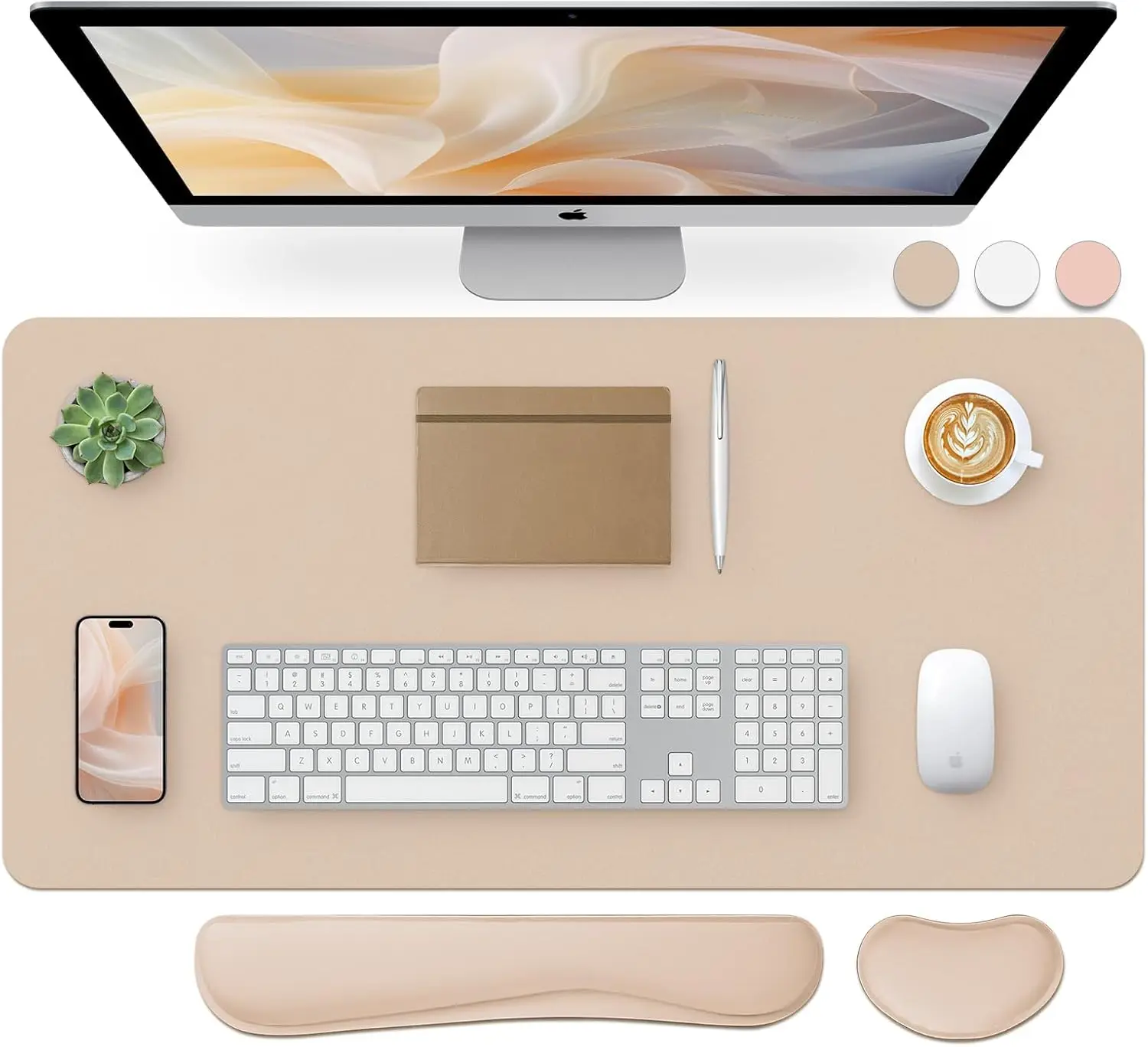 

Large 3-in-1 PU Leather Desk Pad Set with Wrist Rests, Non-Slip, Waterproof, 31.5x15.7 Inches, Beige