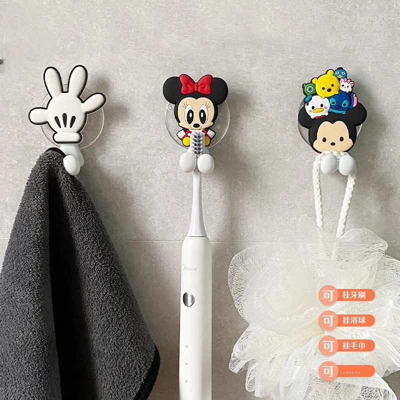 Disney Mickey Mouse Toothbrush Holder Stitch Minnie Anime Figure Cartoon Wall Mounted Shelf for Bathroom Hangers Hook Suction