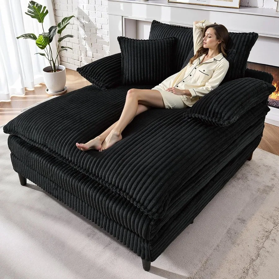 Living Room Chaise Lounge Sofa in Corduroy, Beige, Oversized with 5-Position Adjustable Backrest and Deep Seat for Reading or S