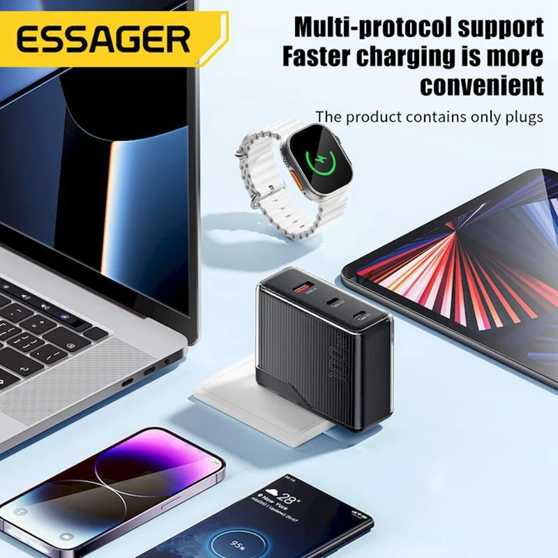 Essager 100W GAN USB Type C ที่ชาร์จแบบตั้งโต๊ะชาร์จเร็วที่ชาร์จแบบหลายพอร์ต ABS + PC สำหรับโทรศัพท์ iPhone Xiaomi ปลั๊กแบบ US