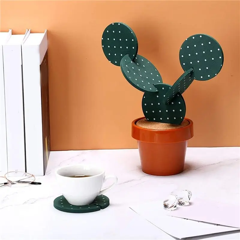 AT05-Cactus Coasters Set For Drinks Of 18 Pieces,Funny Coasters Cactus Gift With Flowerpot Holder For Home Office Bar Decor