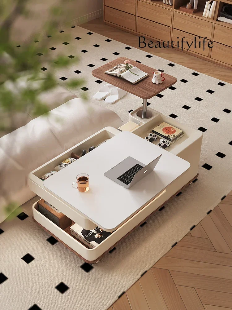 

Antique Style Portable Multi-Function Lifting Stone Plate Coffee Table Desk Dual-Use Living Room Light Luxury with Wheels