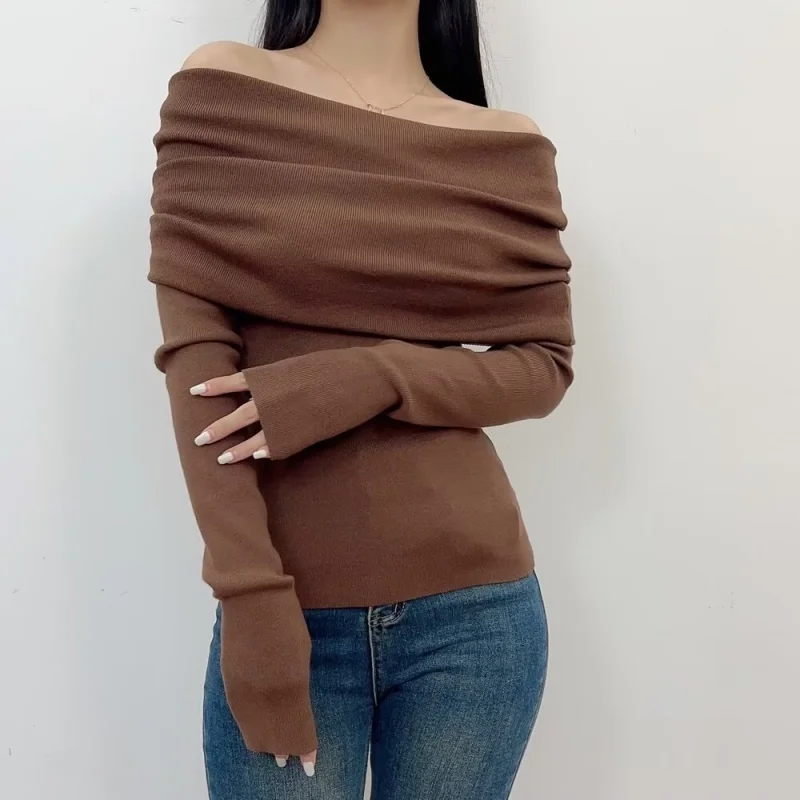 

Autumn Winter New Sle One oulder Long Sve Knitted Sweater Slim Fit Cozy Neline Versatile Base Layer Wool Blend Top