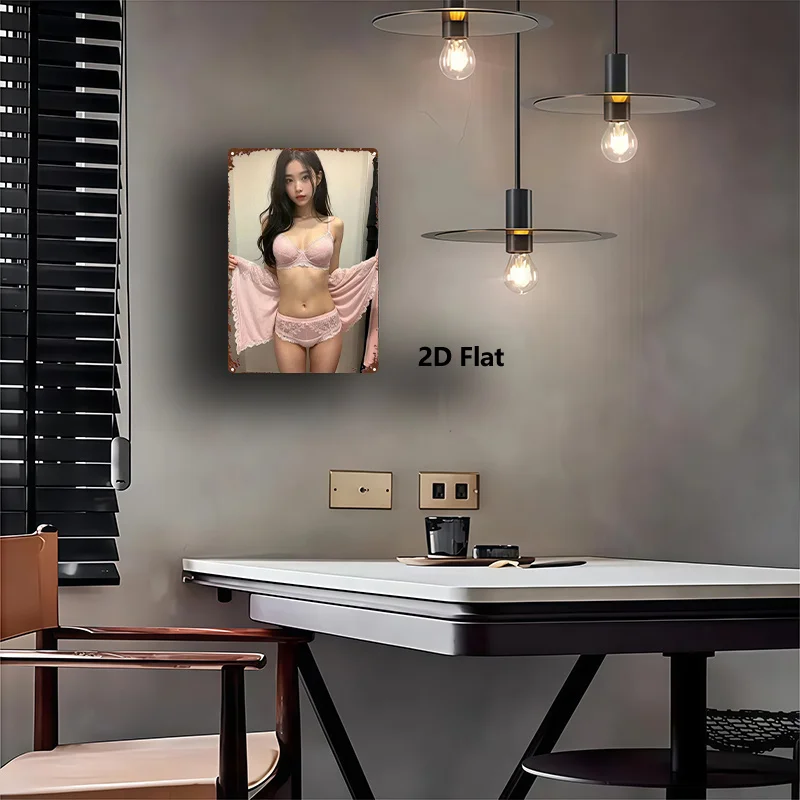 Vintage Sexy Asian Woman In Pink Lingerie Retro Metal Tin Sign, Rustic Pin Up Girl Wall Art Decor, Rustic Bar Man Cave Garage Pl
