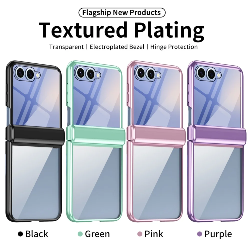 

Plating Hinge Transparent Phone Case For Samsung Galaxy Z Flip 7 6 5 4 3 5G With Tempered Glass Protective Film Case for Flip7