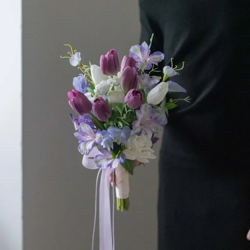 Artificial Purple Flower Bouquet Photography Prop for Wedding Certificate Graduation Shoot Spring Day Decor