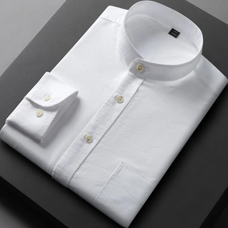 Stand Collar Cotton Oxford Shirts For Men Long Sleeve Solid Color Casual White Shirt Blouse Pocket Regular-Fit Men's Clothing