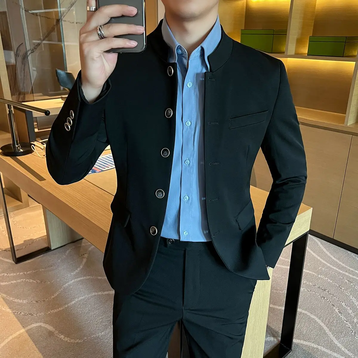 3-A103 Multi-utton new Chinese style stand-up collar suit for men, high-end business casual fashion trend slim fit versatile