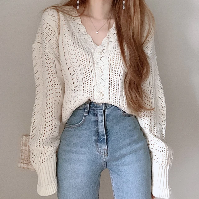 Pointelle Knit Cardigan Women\'s Semi Sheer V-neck Long Sleeve Pearl Button Down Sweater Jacket Teen-girl Fairycore Outfit