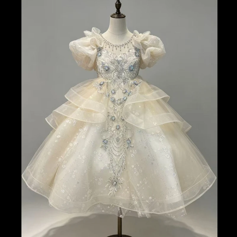 2026 Children Girls Formal Multi Layer Long Tutu Birthday Party New Kids Flower Girl Wedding Piano Elegant Princess Gown Costume
