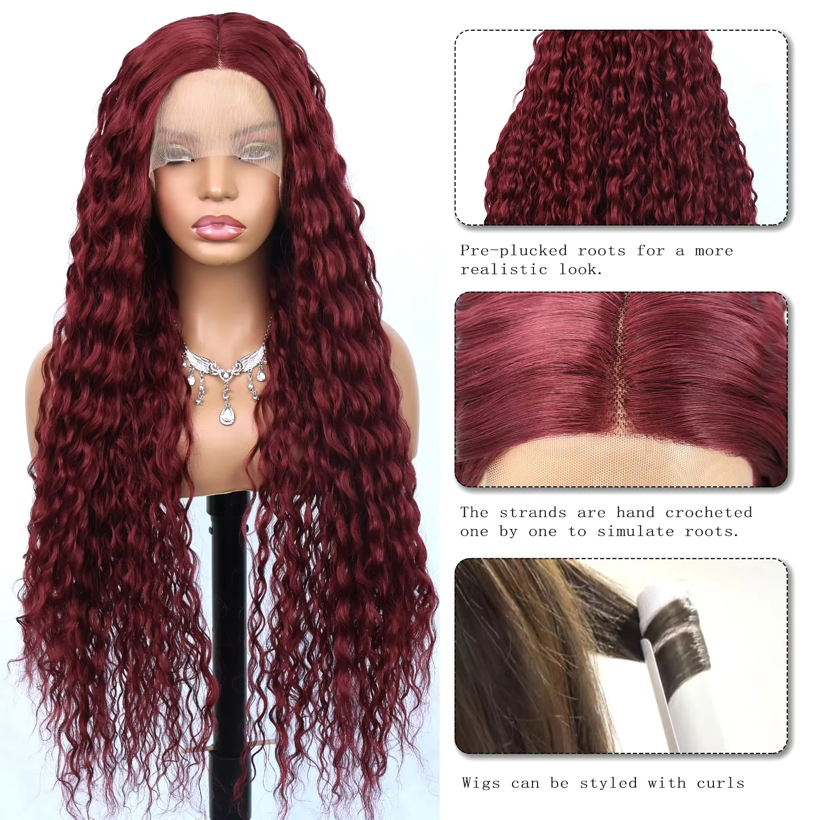 13×4 Burgundy Synthetic Lace Front Wig for Women, 28 Inch Long Deep Wave Curly Hair Voluminous Layered Curls, Tangle Resistant, Easy-Style, Adjustable Wig Cap, Daily Wear, Party, Photo, Halloween Costume